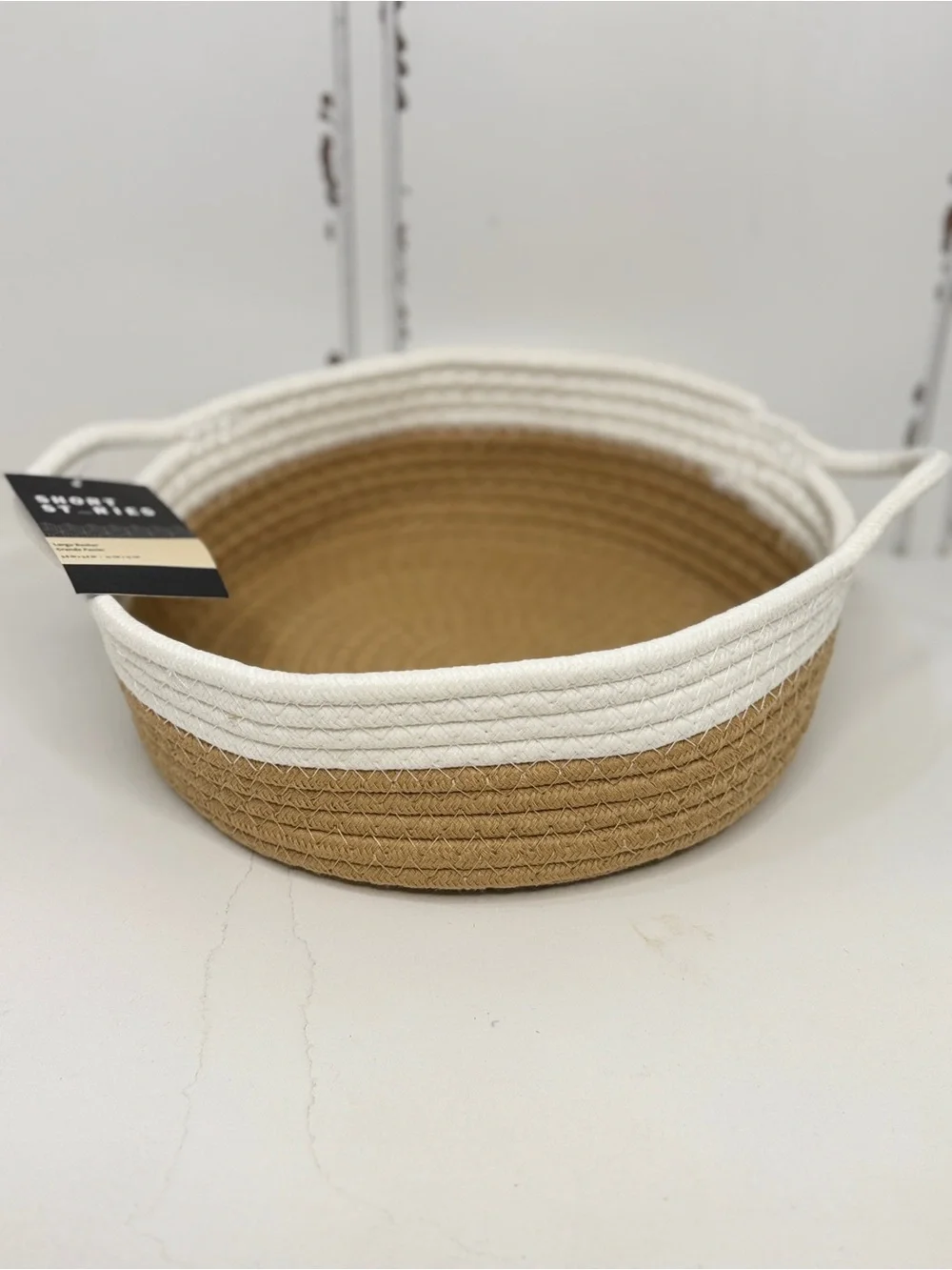 Woven Two-Tone White and Tan Storage Basket